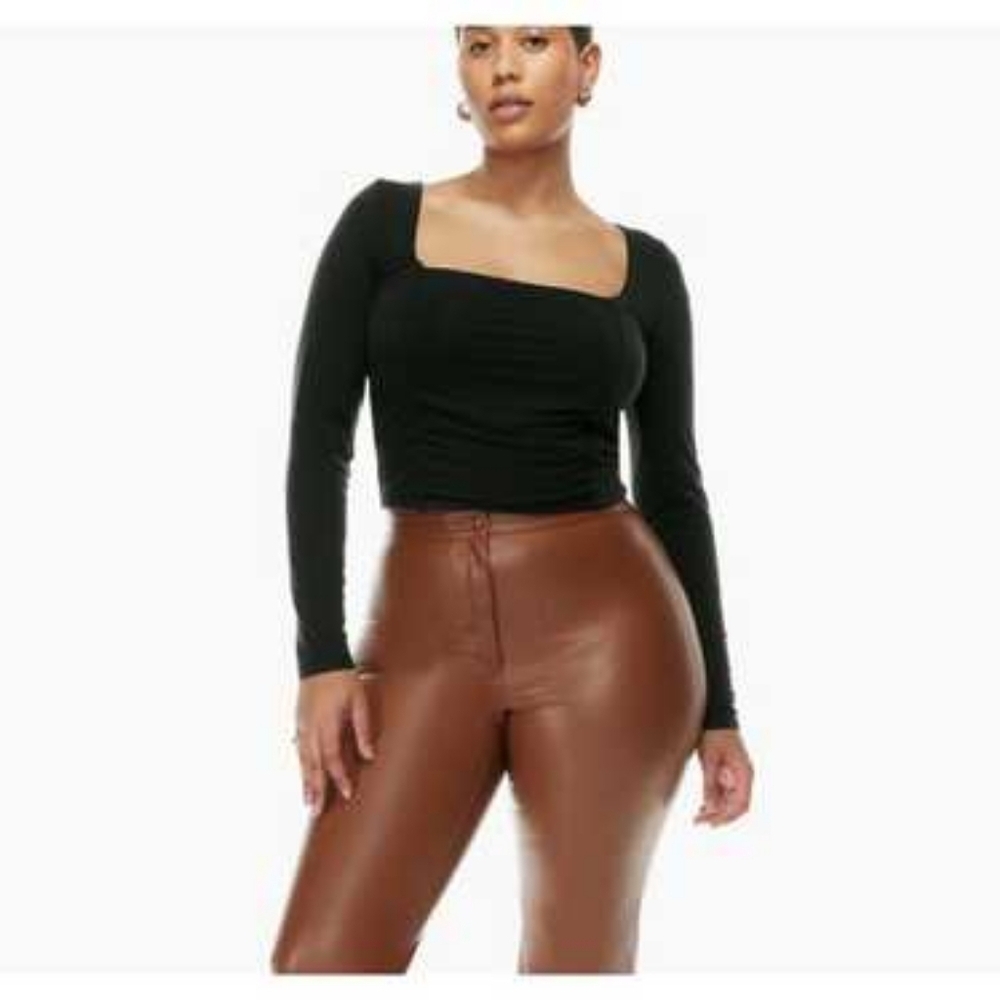 NEW Wilfred Lydia Square Neck Long Sleeve Ruched Crop Top Mocha Brown Size M
